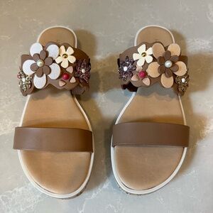 Sophia Milano slide sandals, size 8, cute tan leather with jeweled flowers.